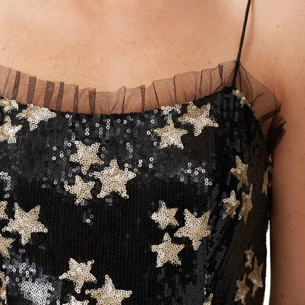 Black Sequin Star Mini Dress with Nude Trim - Picture 8 of 10